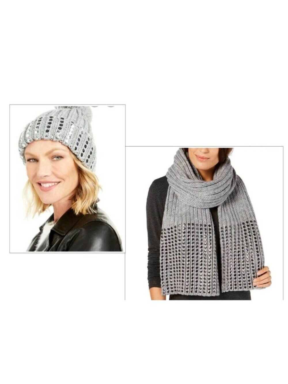 DKNY Flat-Stud Metallic Rib-Knit Scarf and Beanie Combo Gray/Silver